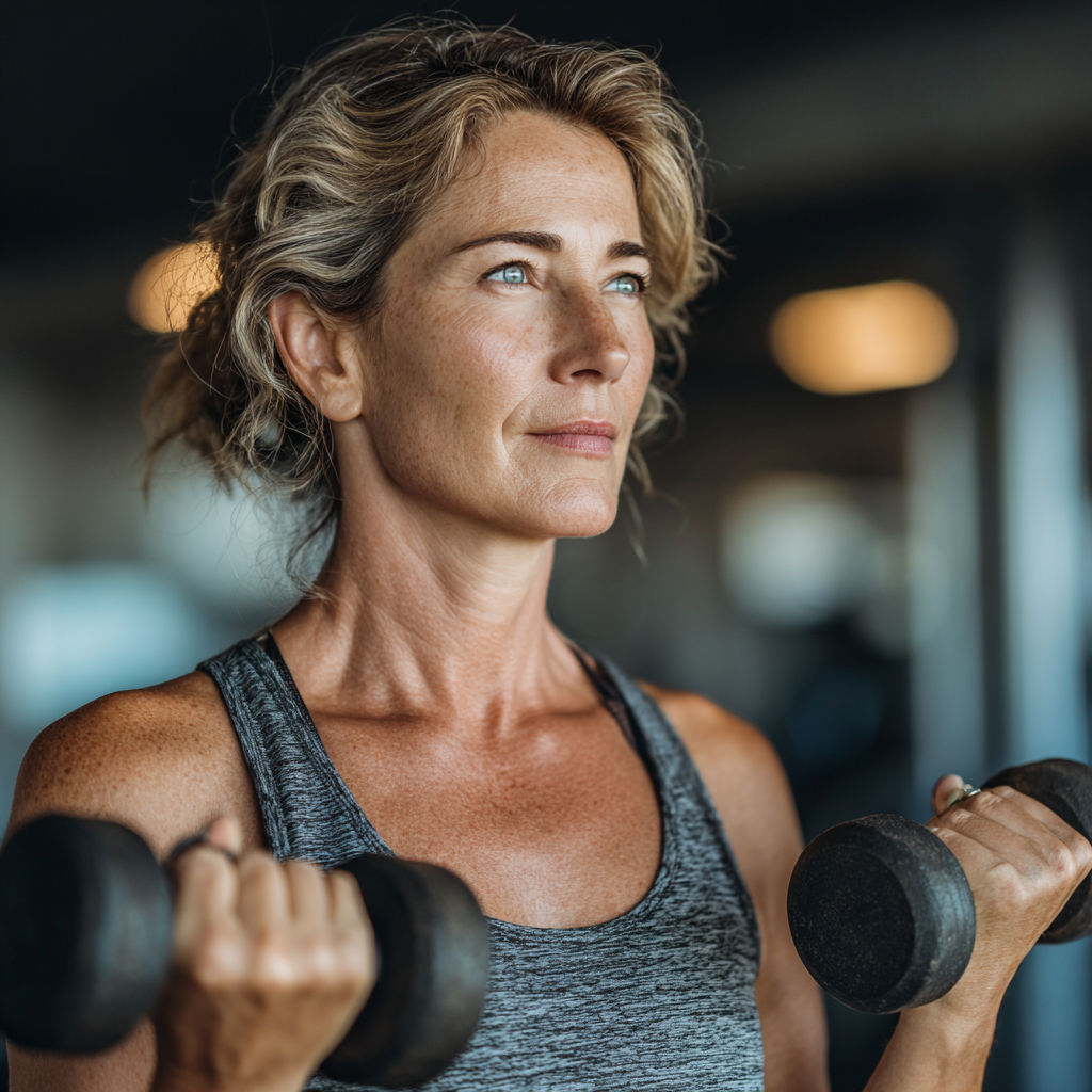 Confident middle-aged woman in her 40s exercising with dumbbells in a modern gym, wearing athletic wear and showing determination during strength training workout